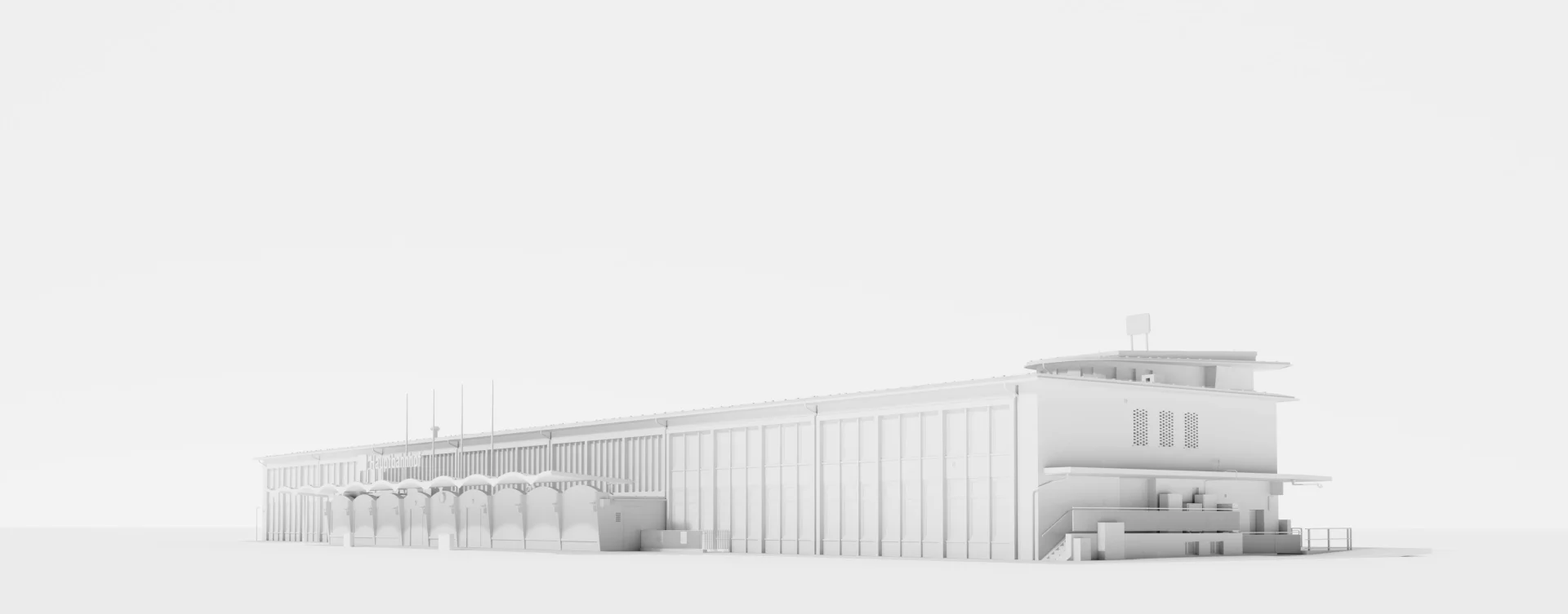 3D-Modell eines Bahnhofsgebäudes mit klarer Architektur – Darstellung präziser Planung und digitaler Modellierung im Rahmen der Ingenieurleistungen von ai Consult GmbH.