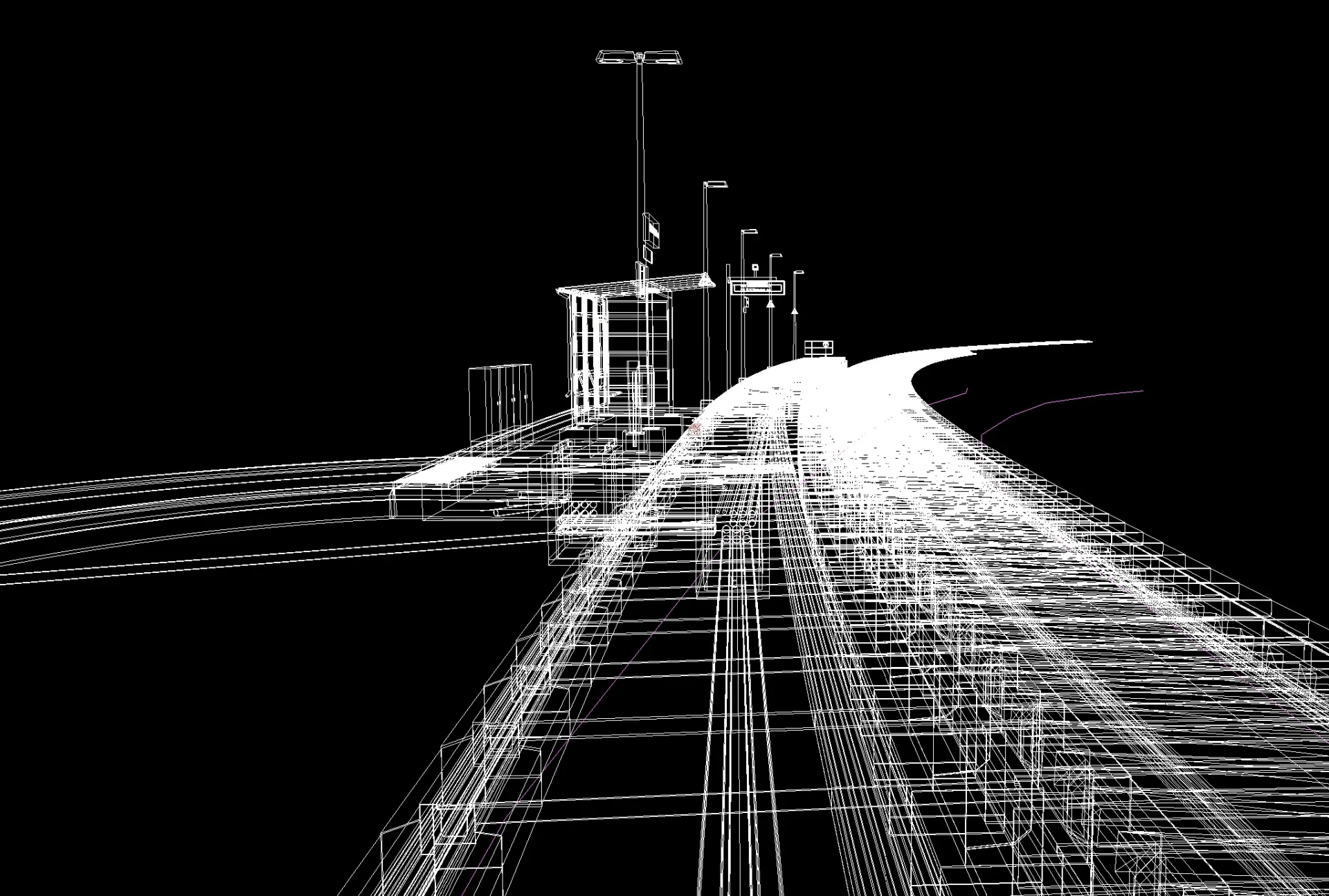 3D-Drahtgittermodell einer Bahnanlage mit Gleisen und Bahnsteig – zeigt die digitale Planung und BIM-gestützte Modellierung im Ingenieurwesen von ai Consult GmbH.