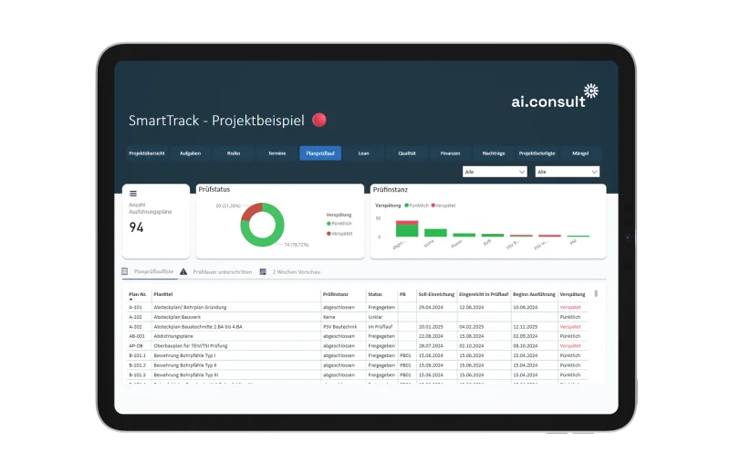 Tablet mit digitaler Planprüfungsansicht des Projektmanagement-Systems der ai Consult GmbH – zeigt Status, Prüfdaten und Fortschritt für effiziente und transparente Bauplanung.