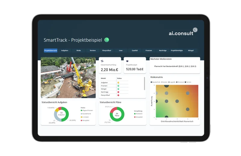Tablet mit digitaler Projektübersicht der ai Consult GmbH – zeigt Dashboard mit Baufortschritt, Budget und Risikomanagement für effiziente, datenbasierte Projektsteuerung.